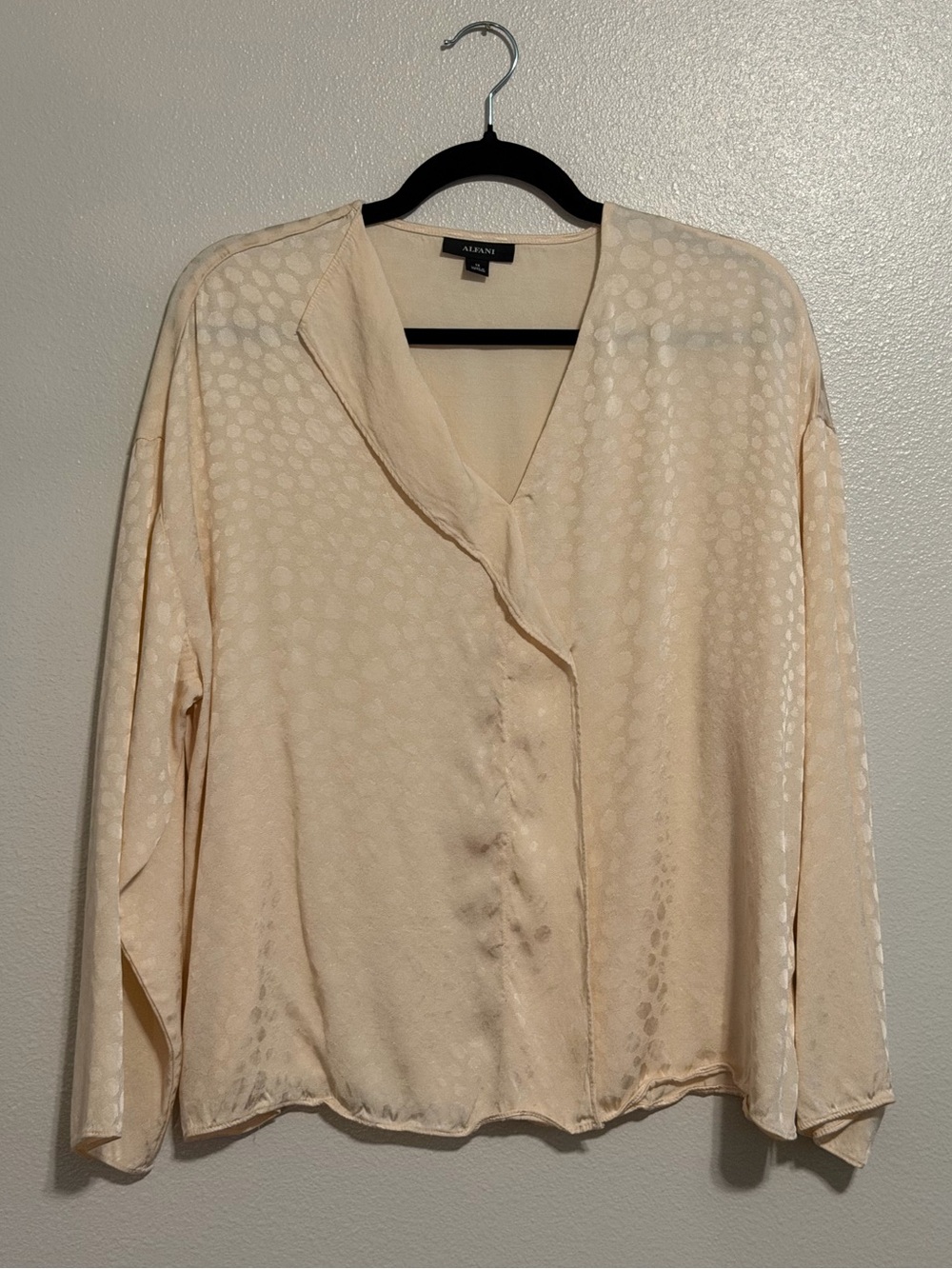 Alfani Cream Dot-Textured 100% Rayon Button V-Neck Blouse